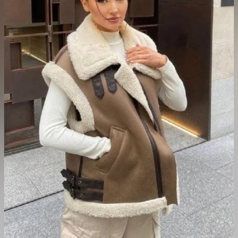 Zara Brown & Cream Double Faced Shearling Aviator Vest